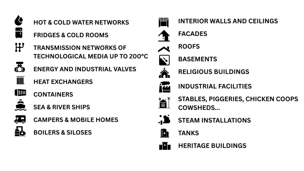 INTERIOR WALLS AND CEILINGS FACADES ROOFS BASEMENTS RELIGIOUS BUILDINGS INDUSTRIAL FACILITIES STABLES, PIGGERIES, CHICKEN COOPS, COWSHEDS... STEAM INSTALLATIONS TANKS HERITAGE BUILDINGS HOT & COLD